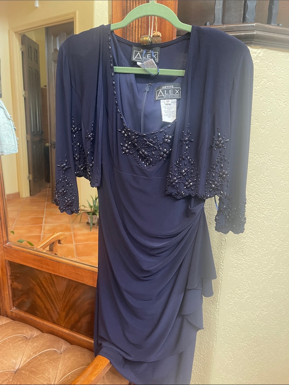 Alex Evenings Navy Beaded Midi Dress with Embellished Bolero